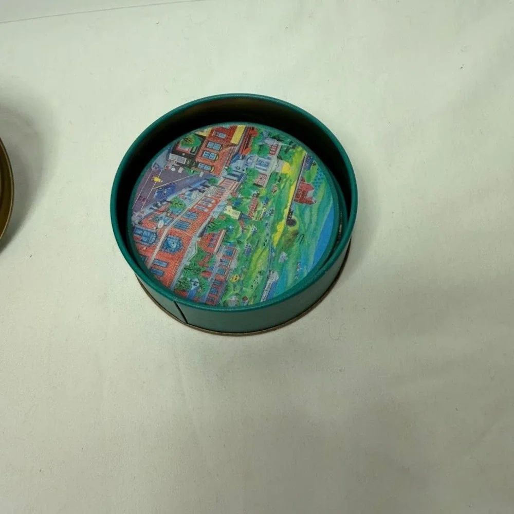 Vintage Heilig-Meyers‎ Folk Art Small Town Main Street Coaster Set with Tin 4pc